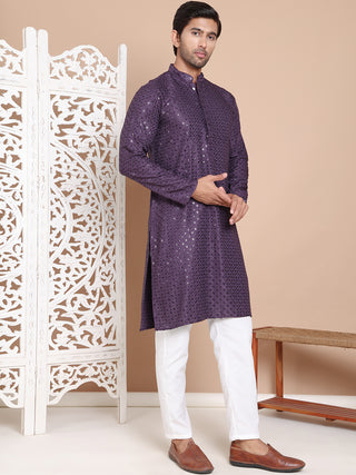 Embroidered and Sequence Kurta with Pyjama For Men