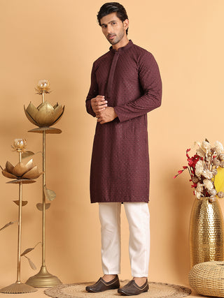 Sequins & Embroidered Viscose Kurta Set For Men