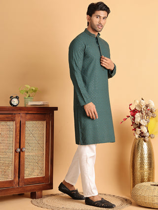 Sequins & Embroidered Viscose Kurta Set For Men