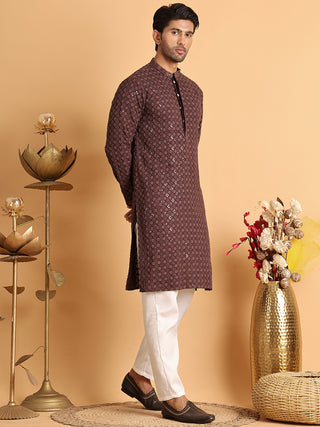 Embroidered & Sequins Straight Kurta Set For Men