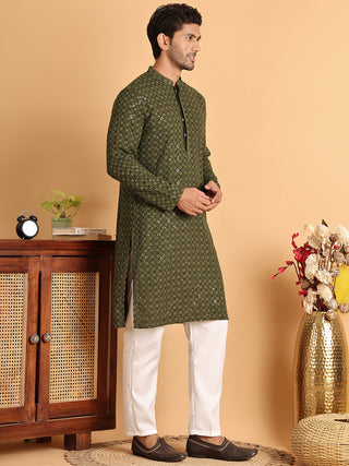 Embroidered & Sequins Straight Kurta Set For Men