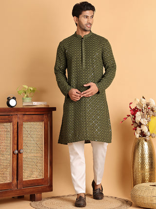 Embroidered & Sequins Straight Kurta Set For Men