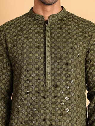 Embroidered & Sequins Straight Kurta Set For Men