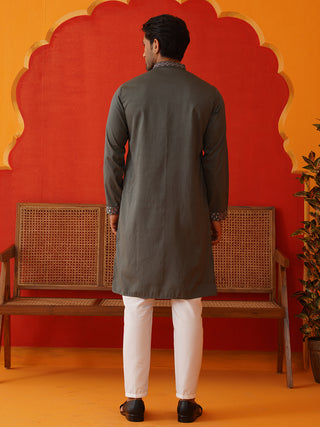 Men Grey Floral Embroidered Kurta Set