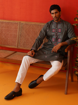 Men Grey Floral Embroidered Kurta Set