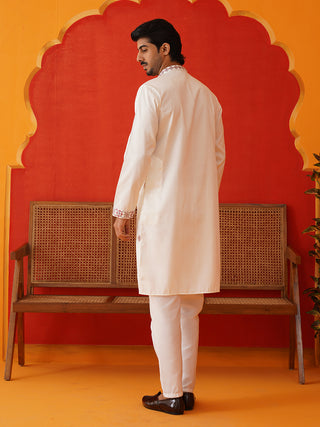 Men White Floral Embroidered Kurta Set