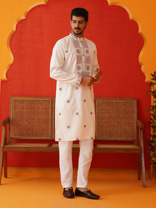 Men White Floral Embroidered Kurta Set