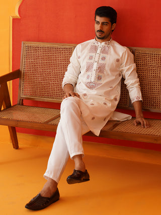 Men White Floral Embroidered Kurta Set