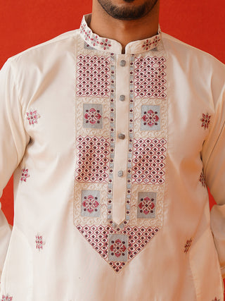 Men White Floral Embroidered Kurta Set