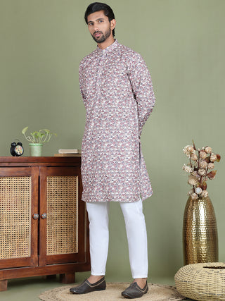 Embroidered and Printed Cotton Blend Kurta Pyjama