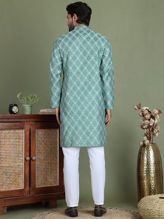Blue Woven Design Straight Kurta Pyjama Set