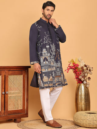 Navy Blue Embroidered Straight Kurta Set For Men