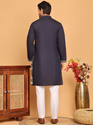 Navy Blue Embroidered Straight Kurta Set For Men