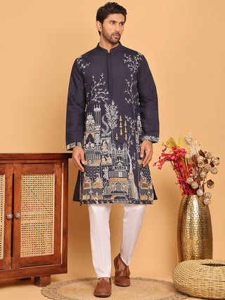 Navy Blue Embroidered Straight Kurta Set For Men