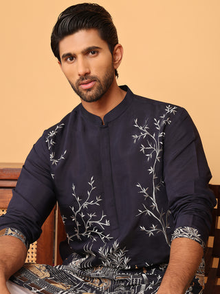 Navy Blue Embroidered Straight Kurta Set For Men