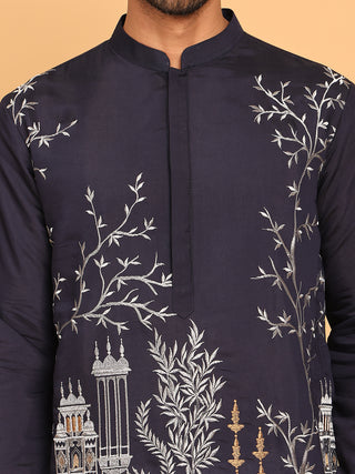 Navy Blue Embroidered Straight Kurta Set For Men