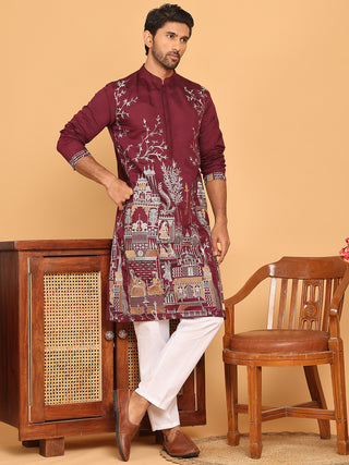 Purple Embroidered Straight Kurta Set For Men