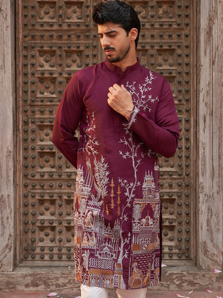 Purple Embroidered Straight Kurta Set For Men
