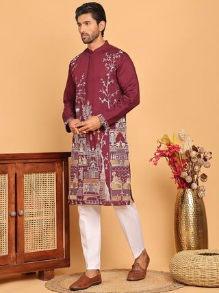Purple Embroidered Straight Kurta Set For Men