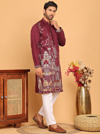 Purple Embroidered Straight Kurta Set For Men