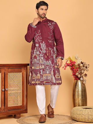 Purple Embroidered Straight Kurta Set For Men