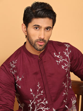 Purple Embroidered Straight Kurta Set For Men