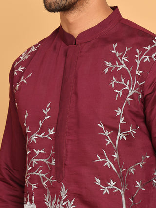 Purple Embroidered Straight Kurta Set For Men