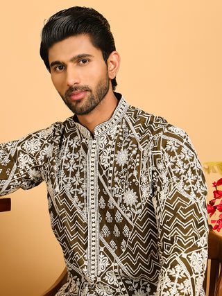 Floral Embroidery Silk Blend Kurta Pyjama for Men