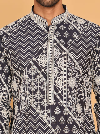 Floral Embroidery Silk Blend Kurta Pyjama for Men