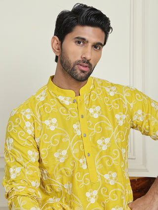 Floral Embroidered Straight Kurta Pyjama Set For Men