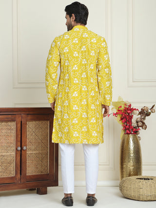 Floral Embroidered Straight Kurta Pyjama Set For Men