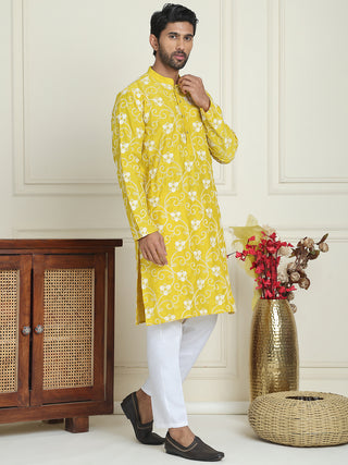 Floral Embroidered Straight Kurta Pyjama Set For Men