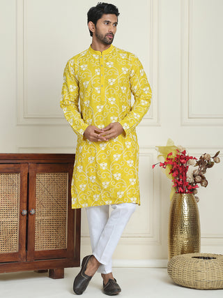 Floral Embroidered Straight Kurta Pyjama Set For Men