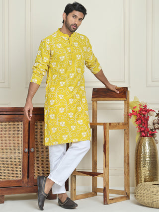 Floral Embroidered Straight Kurta Pyjama Set For Men