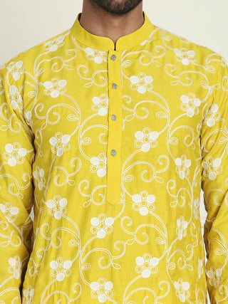 Floral Embroidered Straight Kurta Pyjama Set For Men