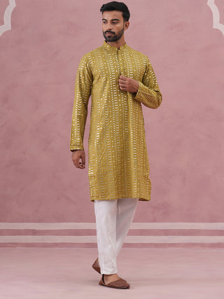 Embroidered and mirror work straight Kurta Set For Men