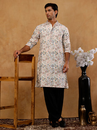 Silk Blend Floral Embroidered Kurta With Korean Pants