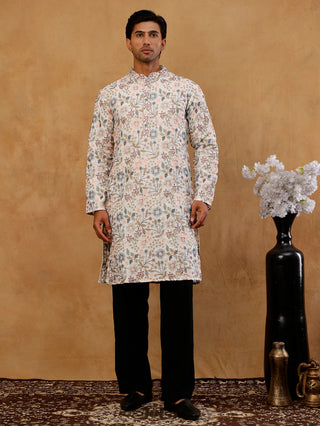 Silk Blend Floral Embroidered Kurta With Korean Pants