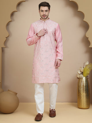 Embroidered Silk Blend Kurta Set for Men