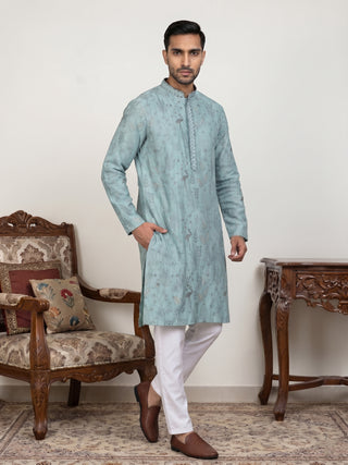 Embroidered Silk Blend Kurta Set for Men