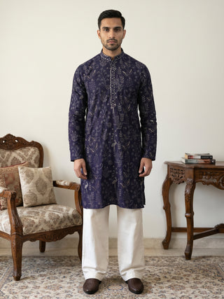 Embroidered Silk Blend Kurta with Korean Pants