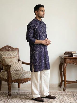 Embroidered Silk Blend Kurta with Korean Pants