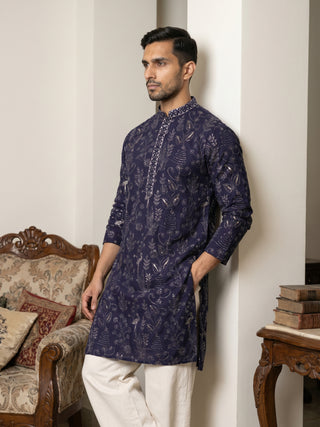Embroidered Silk Blend Kurta with Korean Pants