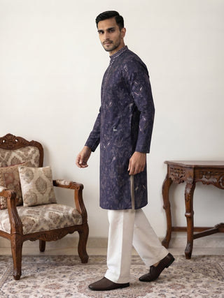 Embroidered Silk Blend Kurta with Korean Pants