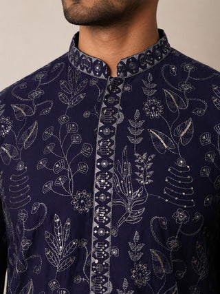 Embroidered Silk Blend Kurta with Korean Pants