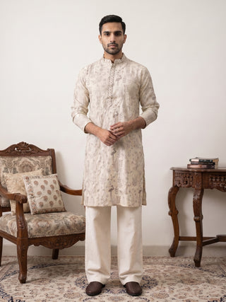 Embroidered Silk Blend Kurta with Korean Pants