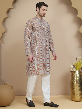 Geometric Print Silk Blend Straight Kurta Set for Men