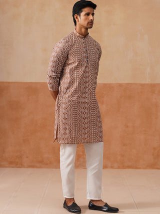 Geometric Print Silk Blend Straight Kurta Set for Men