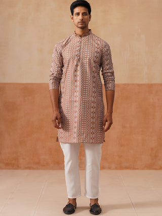 Geometric Print Silk Blend Straight Kurta Set for Men