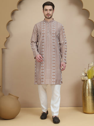 Geometric Print Silk Blend Straight Kurta Set for Men